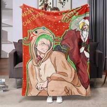 Jednoczęściowy flanelowy koc z nadrukiem cyfrowym z reniferem Świętego Mikołaja Roronoa Zoro i Sanji – miękki, ciepły i wielofunkcyjny na sofę, do biura, łóżka, na kemping i w podróż – uniwersalny prezent na każdą porę roku