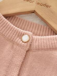 女童可爱蝴蝶结纯色单排扣毛衣上衣和裙子两件套冬季保暖衣服套装小女孩 - 粉色 - 查看 3