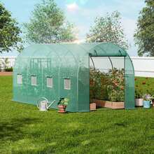 Walk-In Tunnel Greenhouse, 14.6x6.4x6.3 Ft Hoop House Greenhouse Tunnel, Plant Hot House With Galvanized Steel Frame, Green PE Cover, Roll-Up Zipper Door And 8 Windows For Outdoor - 綠色 - 查看 1