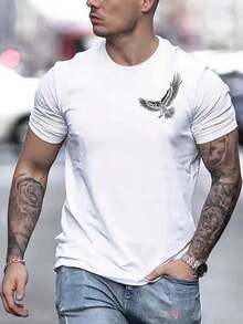 Camiseta de algodón de ajuste holgado casual para hombres con estampado gráfico de águila geométrica - Esencial de verano con cuello redondo transpirable, lavable a máquina, camiseta cómoda, tela duradera - Blanco - Ver 1