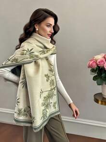 1 pezzo Sciarpa finta in cashmere con motivo floreale minimalista, elegante sciarpa da collo in jacquard finto cashmere calda, versatile per l'autunno/inverno, adatta per abbinamenti e decorazioni quotidiane, sciarpe invernali da donna per abiti - Verde Oliva - Visualizzare 4
