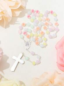 1pc Candy Texture Beaded Handmade Cross Necklace Rosary Baptism Gift, Virgin Mary Jesus Cross Pendant