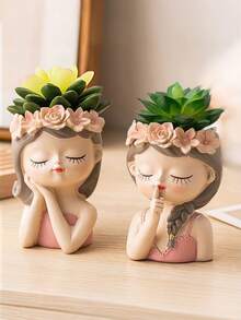 1个女性肖像花盆，可爱脸型多肉植物盆栽，4款闭眼女孩造型花盆，北欧风多肉仙人掌花瓶，桌面书法笔装饰，家居装饰花瓶 - 彩色 - 查看 5