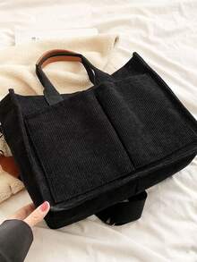 Letter Patch Decor Shoulder Tote Bag,Stylish Linen,PVC Bag For Groceries & Gifts,School Bag,Large Capacity,Portable,For Teen Girls Women College Students,White-Collar Workers,Perfect For Work,Back To School,Middle School,High School,College,Vacation, Large School Tote Bag, Multiple Compartments, Perfect For Beach, School, Work & Daily Use - 黑色 - 查看 5