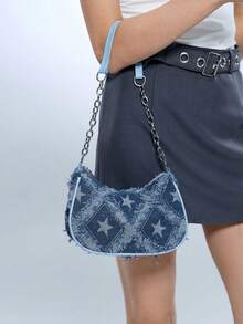 1 chiếc túi đeo vai vải denim màu xanh có khóa kéo họa tiết ngôi sao năm cánh, thích hợp cho phụ nữ sử dụng hàng ngày, túi rỗng hình ngôi sao thời trang dành cho nữ - Màu xanh lam - Xem 3