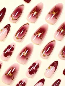 Mejora tu apariencia instantáneamente con 24 piezas de puntas de uñas postizas cuadradas de almendra con degradado rojo elegante, diseño de rayas de gel 3D con mariposa dorada y perla, uñas rosas de estilo floral rojo-marrón, uñas rojas francesas artificiales de cobertura completa para mujeres y niñas. Incluye 1 hoja de pegatinas adhesivas y 1 lima de uñas mini. Envío aleatorio de gel de gelatina.