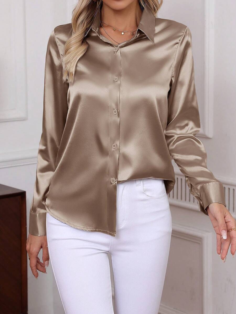 Elegaris 2026 New Elegant Solid Color Button-Down Long Sleeve Shirt, Classic Workwear Blouse For Women Spring - Mocha Brown - View 1