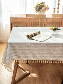 1 szt. Prostokątny obrus w stylu wiejskim z białymi stokrotkami i frędzlami, uniwersalny do codziennego użytku, na święta, urodziny, imprezy, spotkania rodzinne, pikniki, stoły obiadowe, do kuchni, wystroju wnętrz, na każdą porę roku - Niebieski - Zobacz 8