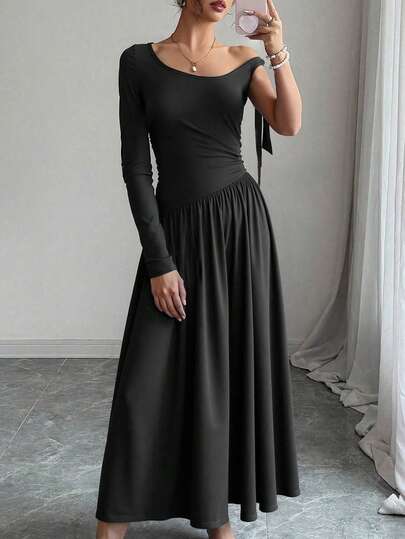 فستان أنيق طويل الأكمام مربوط، كتف غير متماثل، حافة متدلية، مناسب للارتداء اليومي، خريف/شتاء