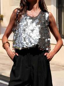 Women's Summer Shiny Sequins Vest Sleeveless Round Neck Fashionable Party Tank Tops - 銀色 - 查看 4