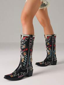 Embroidery Women Western Boots Block Heel Mid Calf Cowgirl Cowboy Shoes Retro Vintage Design Fashion Wedding Women Ridding Boots - 黑色 - 查看 6