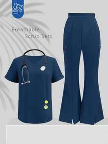 1 Set Solid Color V-Neck Short Sleeve Top And Split Leg Pants Lab Coat Nurse Scrub Uniform Scrubs Outfit, Suitable For Pet Hospital, Clinic, Private Care Work Scrub Uniform Top And Pants With Pockets - 深邃藍 - 查看 3