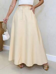 Women's Long Round Skirt Tailoring Evangelical Fashion Casual Basic Winter High Waist Elegant - 卡其色 - 查看 1