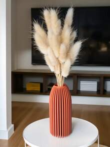1pc Sturdy Unbreakable Plastic Flower Vase Modern Minimalist Style Orange Vertical Stripes Tall Cylinder Design With Fluffy Pampas Grass Arrangement Table Centerpiece Decorative Vase For Living Room Wedding Party Home Decor Room Decor Glass Vase