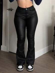 GILIPUR Y2K Women's Solid Color Pocket Straight Loose Casual Versatile PU Leather Pants Fall Clothes Outfits Vintage Clothes Going Out Outfits Winter Christmas And Valentine's Day Holiday Gifts For New Year Appears Refined But Relaxed Perfect For Fancy Banquets, Casual Dinners, And Concert Nights