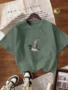Women's Casual Round Neck Short Sleeve T-Shirt With Cute Duck Embroidery, Suitable For All Seasons