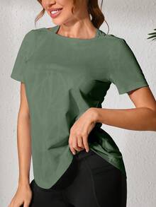 1 件大码女士健身、舞蹈、瑜伽提花休闲运动上衣，专业宽松运动衬衫，镂空背部设计，夏季新款白色宽松修身露背短袖运动 T 恤，适合普拉提训练 - 軍綠色 - 查看 7