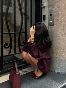 Senya Damski sweter jesienno-zimowy z okrągłym dekoltem, luźny, uniwersalny, odpowiedni na dojazdy do pracy, święta, urodziny, imprezy, wesele, Nowy Rok, Walentynki, Boże Narodzenie, bordowy top pasujący do Nowego Roku - Burgund - Zobacz 2