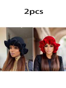 1pc Women Handmade Crochet Ruffle Brim Knit Cap, Stylish Ruffled Knitted Hat For Autumn/Winter - Solid Color - View 22
