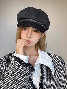 1pc Solid Color Newsboy Cap, Retro Fashion Style Cotton Material, Classic Silhouette With Black Leather Band And Metal Buckle Detail, Flattering Head Shape And Sun-Shading Function, Suitable For Spring/Autumn Daily Outings, Casual Dates And More
