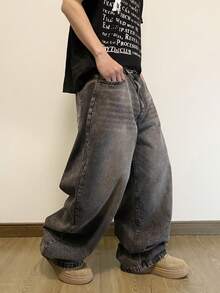 Hearty Haven 男士加大码水洗宽松牛仔裤，休闲舒适百搭阔腿牛仔裤，四季皆宜（不含腰带和配饰） - 灰色 - 查看 6