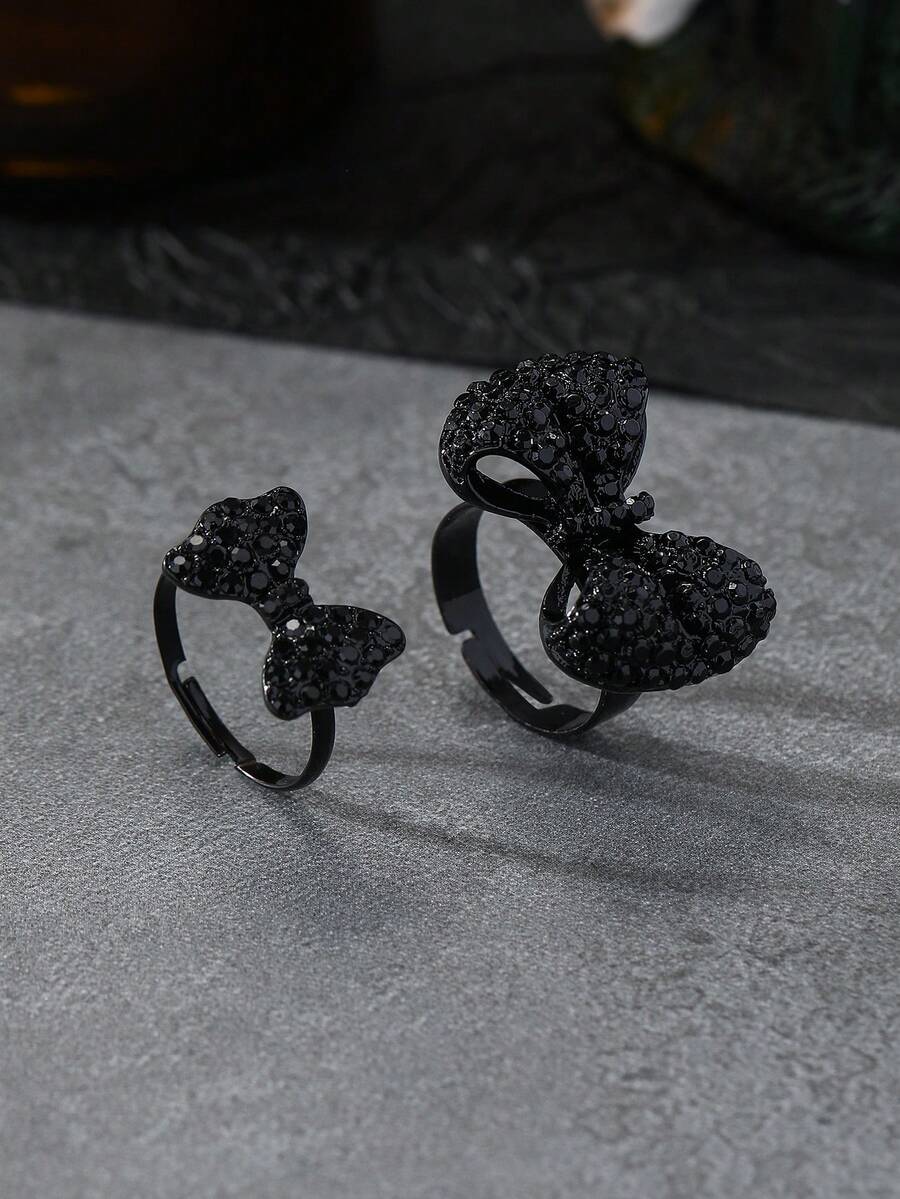 2 chiếc nhẫn hở đính đá phong cách Gothic tối màu thời trang, thích hợp để đeo hàng ngày và làm quà tặng cho phụ nữ - nơ - Xem 1