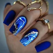 24 Pieces/Box Medium And Short Square Wearing Armor Blue Corrugated Smudged Gold Striped Fake Nail Piece - 1535 - Xem 1