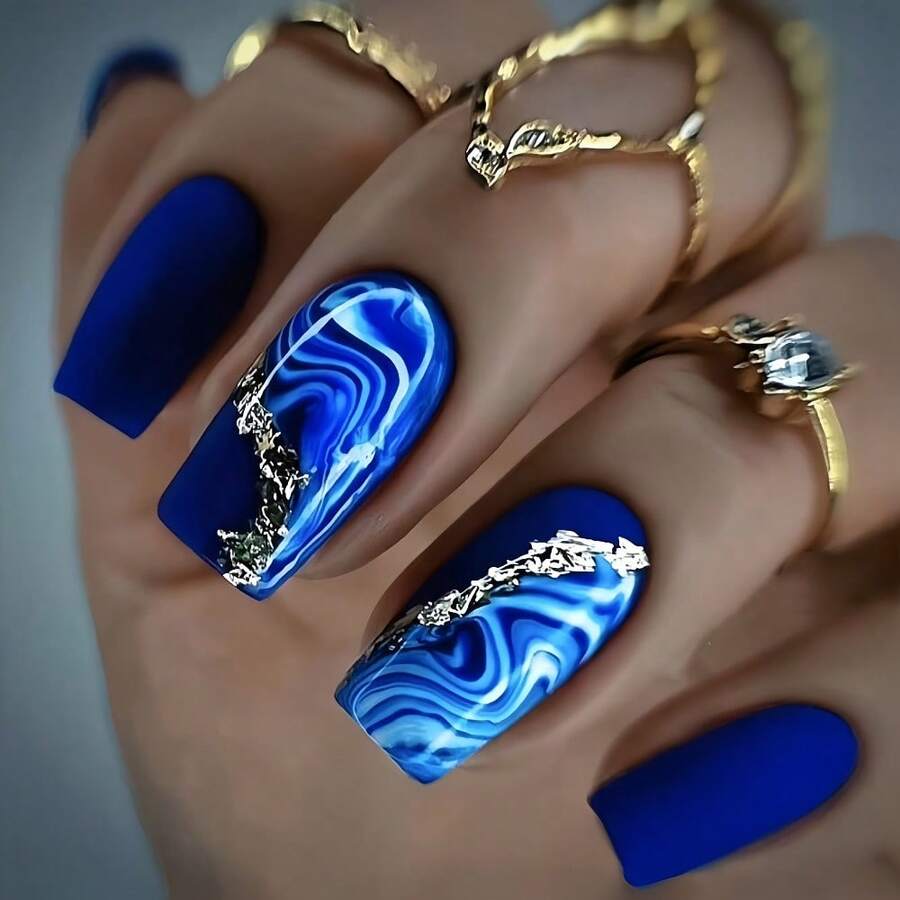 24 Pieces/Box Medium And Short Square Wearing Armor Blue Corrugated Smudged Gold Striped Fake Nail Piece - 1535 - Xem 1