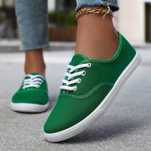 Zapatos planos de lona de unicolor para mujer, zapatos con punta redonda con cordones, transpirables y antideslizantes, zapatos planos clásicos de lona para mujer, zapatos casuales de cordones de unicolor y parte superior baja, calzado cómodo para mujer