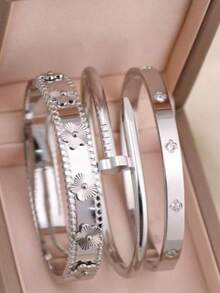 3 Peças Pulseiras Bracelete Floral Banhadas a Ouro 18K em Aço Inoxidável, Incrustadas com Zircônia Cúbica, À Prova d'Água, Joias de Pulso Estilo Europeu para Mulheres, Casual, Casamento, Festa, Dia dos Namorados, Dia das Mães, Presente