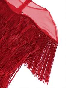 AOMEI Elegant Women's Long Red Tassel Fitted Dress, Round Neck Design, Contrast Mesh Short Sleeves, Perfect For Attending Parties, Christmas And New Year Events - Red - View 4