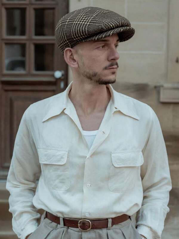 Beretă bărbătească, beretă din lână pentru toamnă și iarnă, pălărie retro în carouri cu model herringbone pentru bărbați, stil britanic casual, șapcă de baseball, pălărie bărbătească personalizată, la modă și versatilă, potrivită pentru a fi asortată cu cămăși de costum bărbătesc, îmbrăcăminte casual