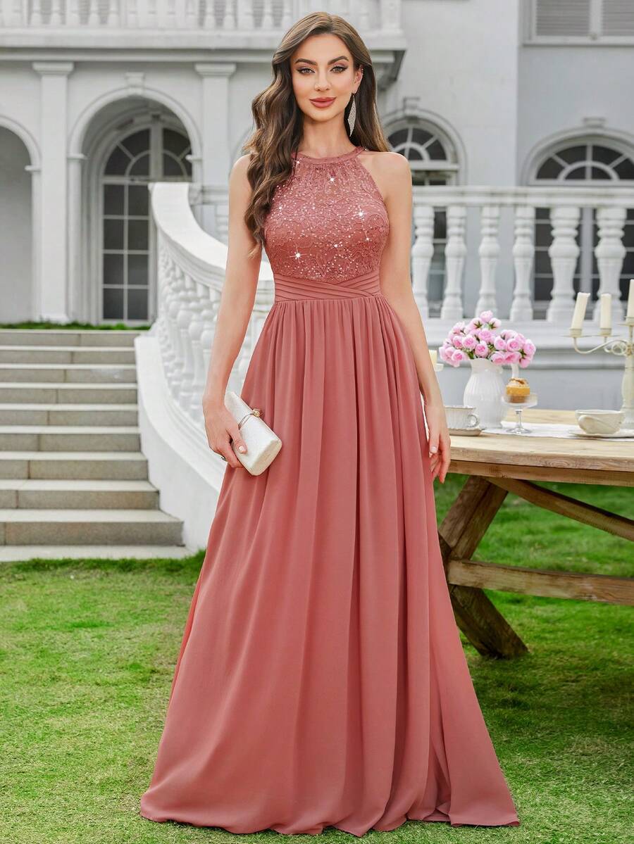 MIUSOL Elegant Women's Sequin Floral Lace Halter Neck Sleeveless Ruched Chiffon Maxi Dress, Perfect For Formal Wedding Guest, Cocktail Party, Bridesmaid, Prom - 藕粉色 - 查看 1