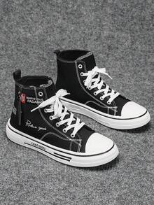 Men's Minimalist Fashion Flat Basic Black & Blue Triple Vulcanized High-Top Canvas Sneakers - Black - View 4