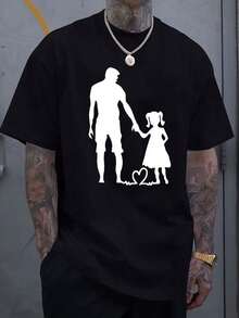 Dad And Daughter Pattern Printed Men's Cotton Round Neck Short Sleeved Sports T-Shirt, Fashionable Street Style T-Shirt, Casual And Comfortable - 黑色 - 查看 2