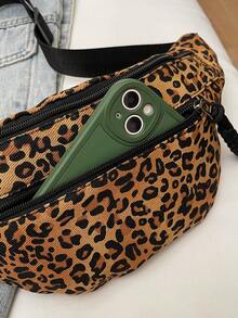 女士时尚豹纹冬季斜肩腰包，编织拉链休闲腰包，户外运动斜挎胸包 - 棕色 - 查看 4
