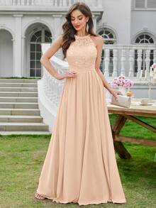 MIUSOL Elegant Women's Sequin Floral Lace Halter Neck Sleeveless Ruched Chiffon Maxi Dress, Perfect For Formal Wedding Guest, Cocktail Party, Bridesmaid, Prom - 香檳色 - 查看 4