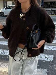 女士秋冬休闲优雅慵懒圆领长袖纽扣开衫毛衣上衣，女士加大码纯色休闲针织开衫，秋冬季，圣诞新年 - 棕色 - 查看 7