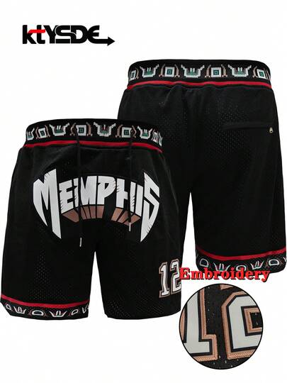 KTYSDE Herren #12 Schwarze Basketball Shorts, Memphis Englisch Buchstaben Stickerei Vintage Mesh Reißverschluss Tasche Sport Shorts, geeignet für Basketball, Baseball, Golf, täglichen Sport, Laufen, Strandurlaub