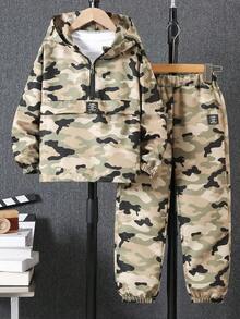 2 Stücke/Set Jungen Lässig Camouflage Muster Hoodie Jacke mit Reißverschluss und Camouflage Muster Hose, Herbst/Winter