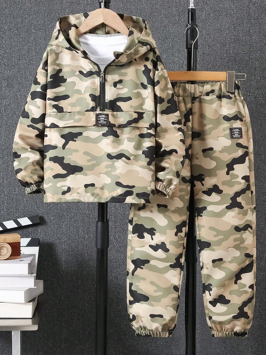 2 Stücke/Set Jungen Lässig Camouflage Muster Hoodie Jacke mit Reißverschluss und Camouflage Muster Hose, Herbst/Winter