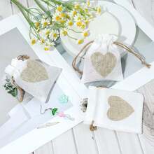 10 件心形印花束带亚麻礼品袋，迷你珠宝袋，适用于婚礼、伴娘礼物、派对、生日、万圣节、感恩节、圣诞节 - 白色 - 查看 8