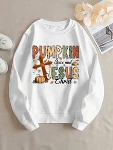 Halloween Costume Fun Cartoon Pumpkin Pattern Top,Fall Clothes For Women Casual Sports Crew Neck Long Sleeve Sweatshirt,Retro Contrast Color Letter Print Women's Clothing,For Outdoor Sudaderas De Mujer,Very Suitable For Halloween,Thanksgiving Parties And Daily Leisure