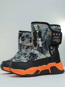 1 Pair Winter Camouflage Letter Outdoor Ski Boots For Boys, Thick & Warm Teenage Snowboots For Outdoor Activities, 1 Pair Fashionable Thick Thermal Lined Winter Boots For Girl