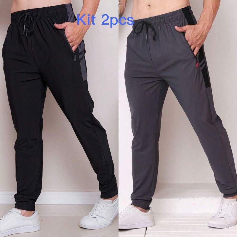 Running Men Drawstring Waist Zipper Pocket Sports Pants Imported Quick-Drying Fabric - 黑色+深灰 - 查看 1