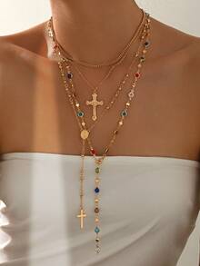 4 件套时尚优雅金属链多层项链，搭配复古宗教十字架吊坠，彩色水晶水钻 Y 形长项链，适合日常佩戴和音乐节派对 - 多色 - 查看 1
