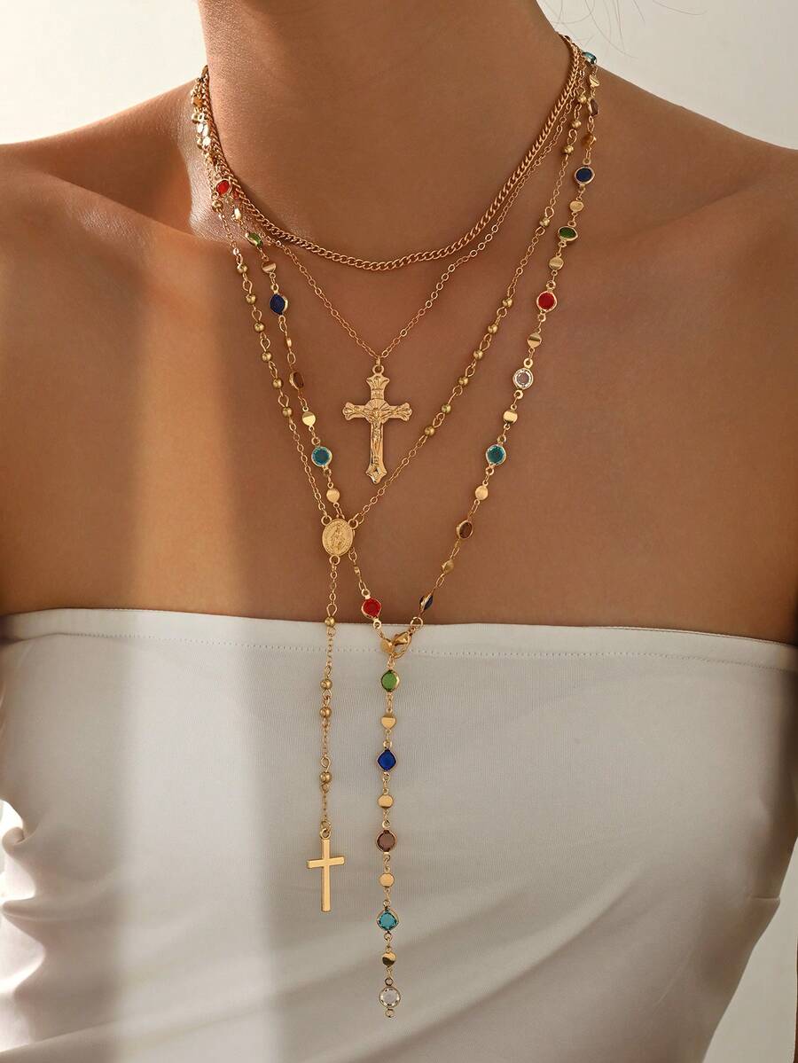 4 件套时尚优雅金属链多层项链，搭配复古宗教十字架吊坠，彩色水晶水钻 Y 形长项链，适合日常佩戴和音乐节派对 - 多色 - 查看 1