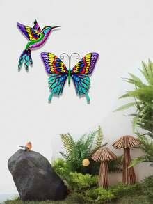 户外花园装饰蝴蝶和蜂鸟，彩色金属装饰品，适用于庭院、草坪、露台、栅栏和花园墙壁，是送给自然爱好者的完美礼物，也是理想的花园墙面装饰品。 - 彩色 - 查看 10
