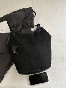 2026新款复古休闲大容量通勤手提包，女士时尚纯色水桶单肩包 - 黑色 - 查看 8