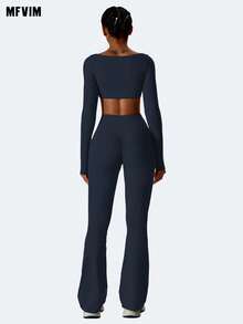 MFVIM Women's 2 Pieces Yoga Set: Square-Neck Fitted Yoga Top & High-Waist Elastic Yoga Pants. Casual Outdoor Sports Fitness Suit, Suitable For All Seasons. - Blue Power - 查看 3